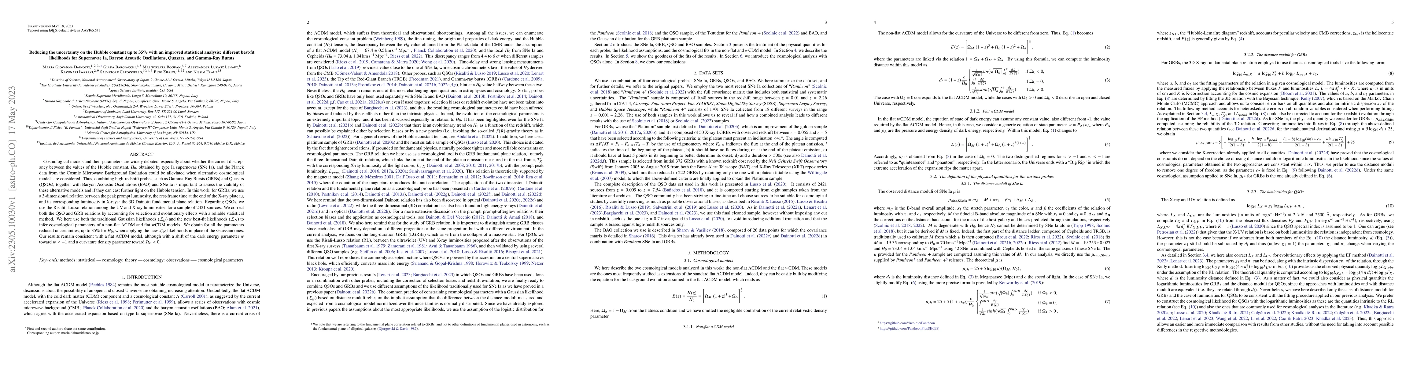 Thumbnail for Reducing the uncertainty on the Hubble constant up to 35\% with an
  improved statistical analysis: different best-fit likelihoods for Supernovae
  Ia, Baryon Acoustic Oscillations, Quasars, and Gamma-Ray Bursts