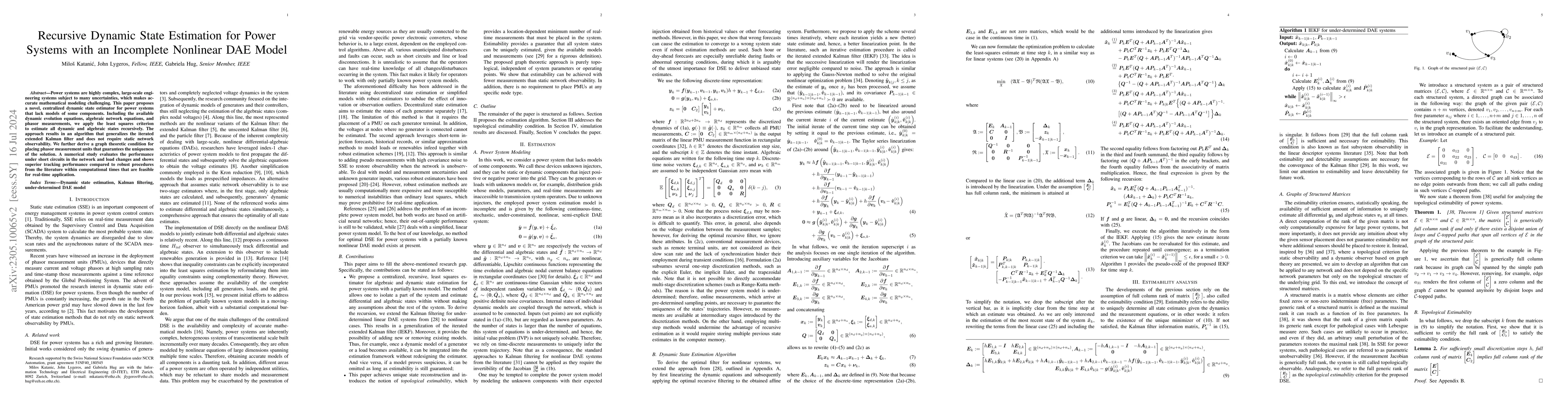 Thumbnail for Recursive Dynamic State Estimation for Power Systems with an Incomplete
  Nonlinear DAE Model