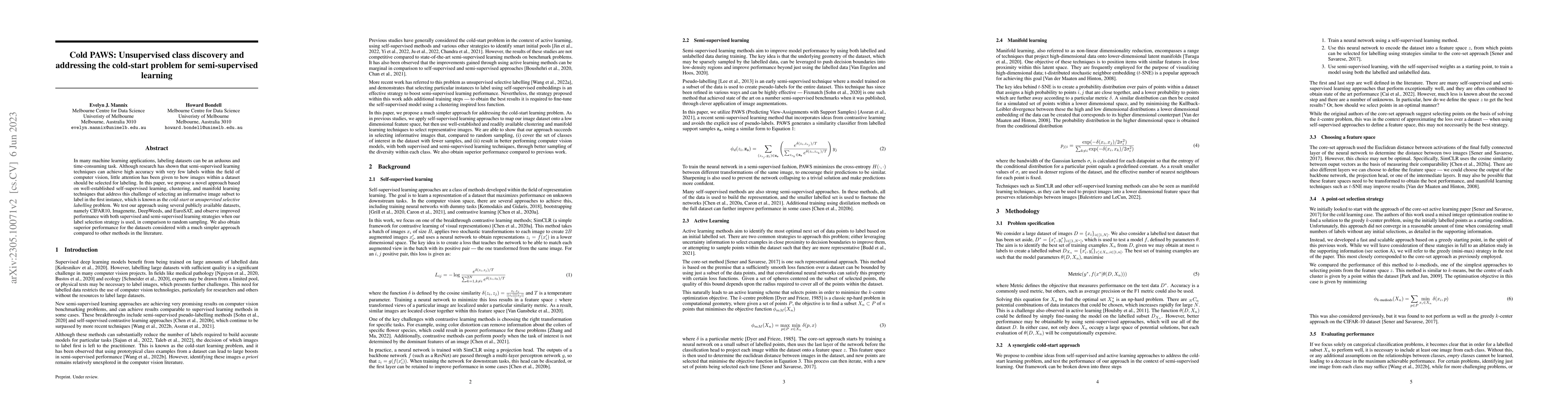 Thumbnail for Cold PAWS: Unsupervised class discovery and addressing the cold-start
  problem for semi-supervised learning
