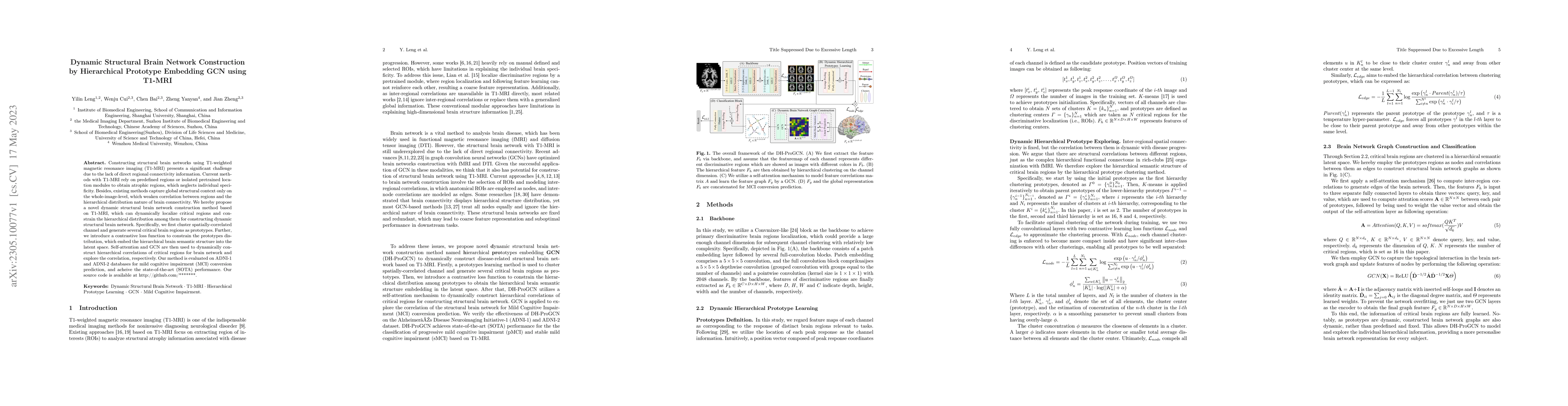 Thumbnail for Dynamic Structural Brain Network Construction by Hierarchical Prototype
  Embedding GCN using T1-MRI