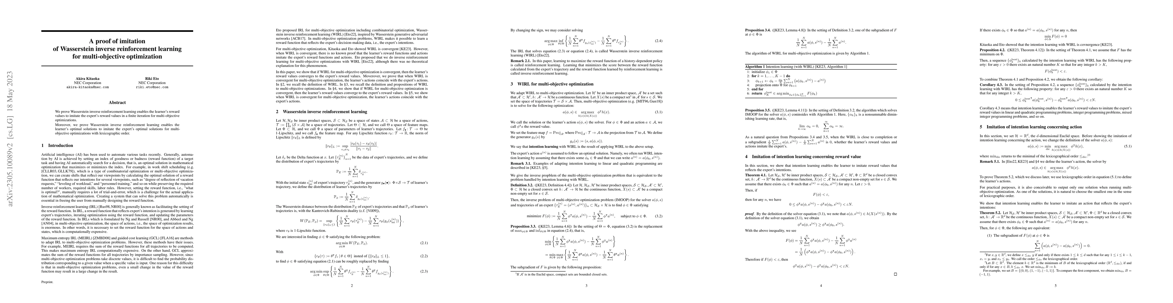 Thumbnail for A proof of imitation of Wasserstein inverse reinforcement learning for
  multi-objective optimization