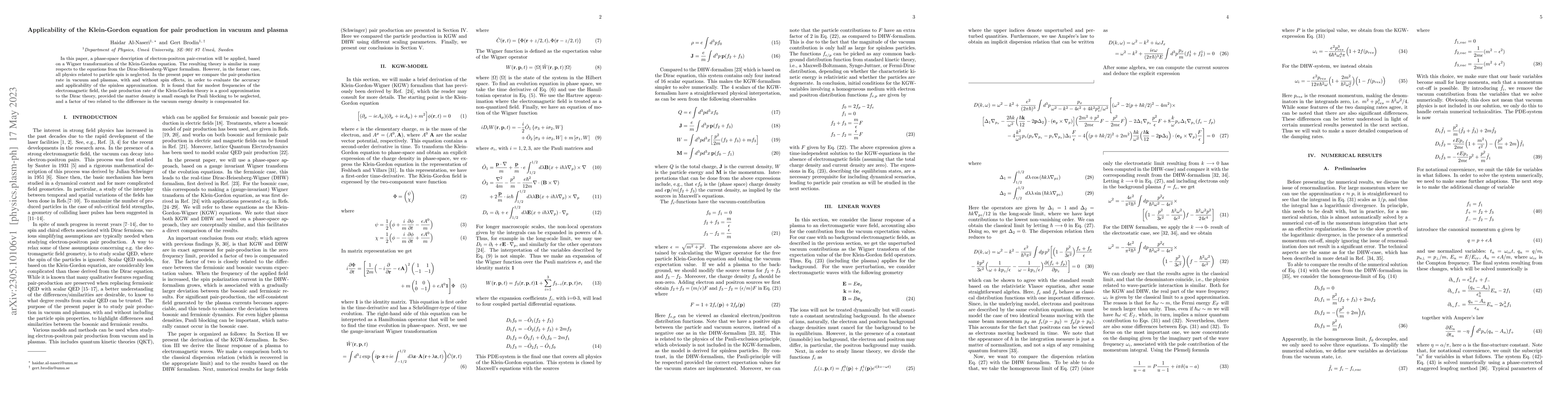Thumbnail for Applicability of the Klein-Gordon equation for pair production in vacuum
  and plasma