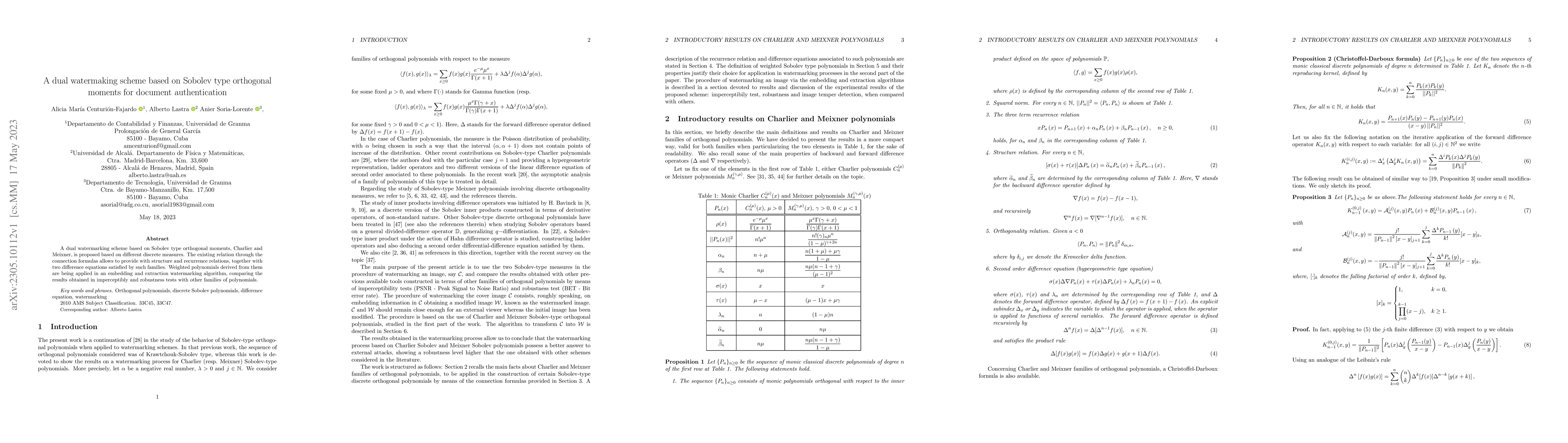 Thumbnail for A dual watermaking scheme based on Sobolev type orthogonal moments for
  document authentication