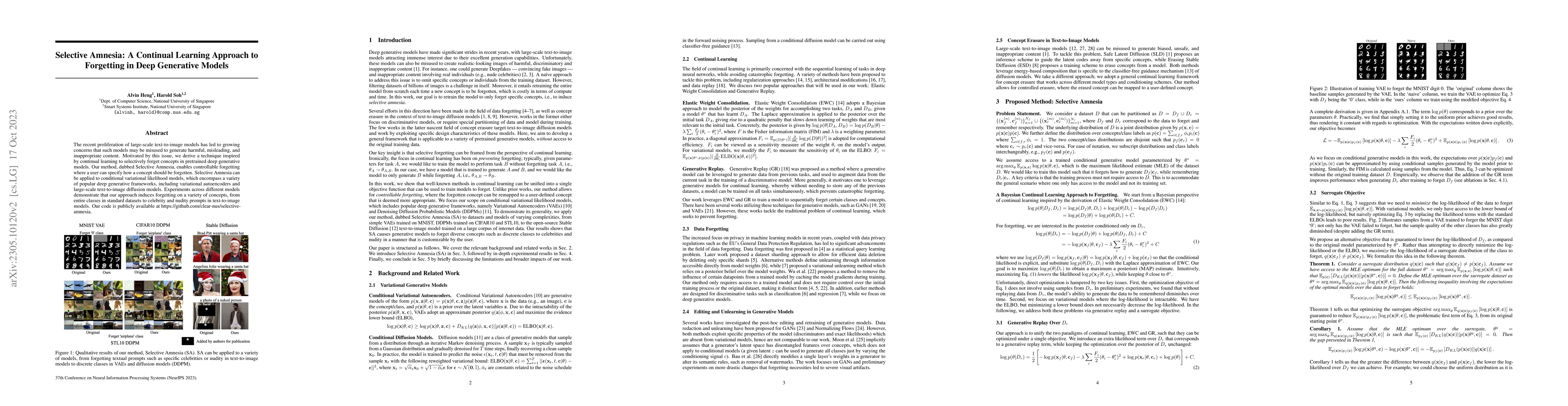 Thumbnail for Selective Amnesia: A Continual Learning Approach to Forgetting in Deep
  Generative Models