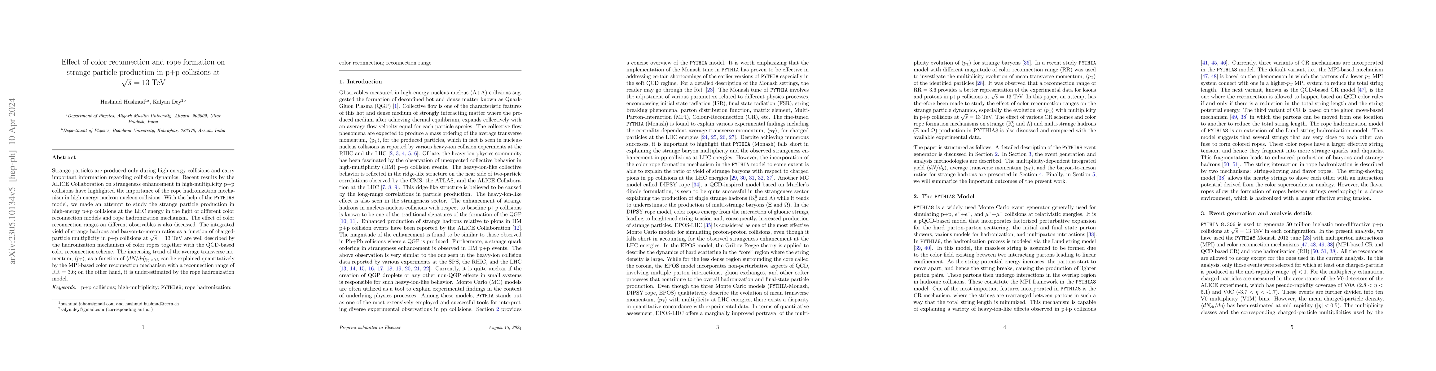Thumbnail for Effect of color reconnection and rope formation on strange particle
  production in p+p collisions at $\sqrt{s}=13$ TeV