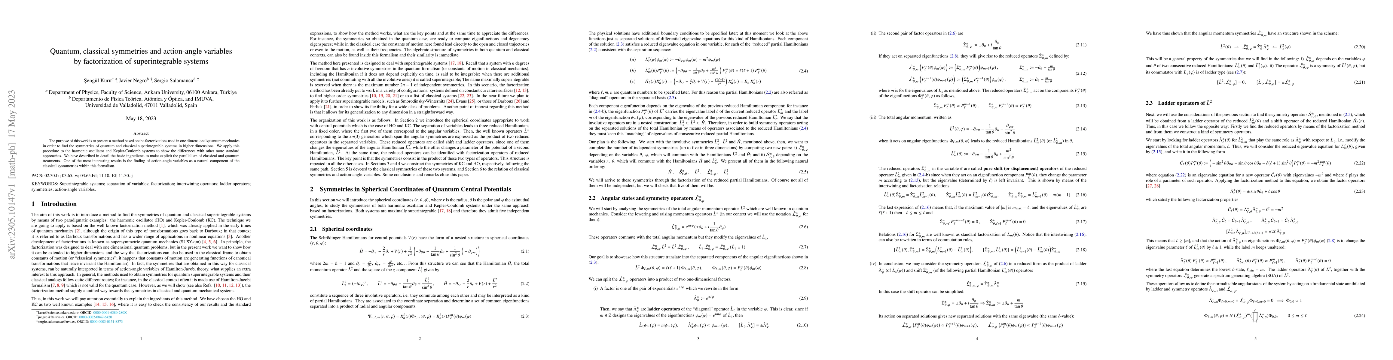 Thumbnail for Quantum, classical symmetries and action-angle variables by
  factorization of superintegrable systems