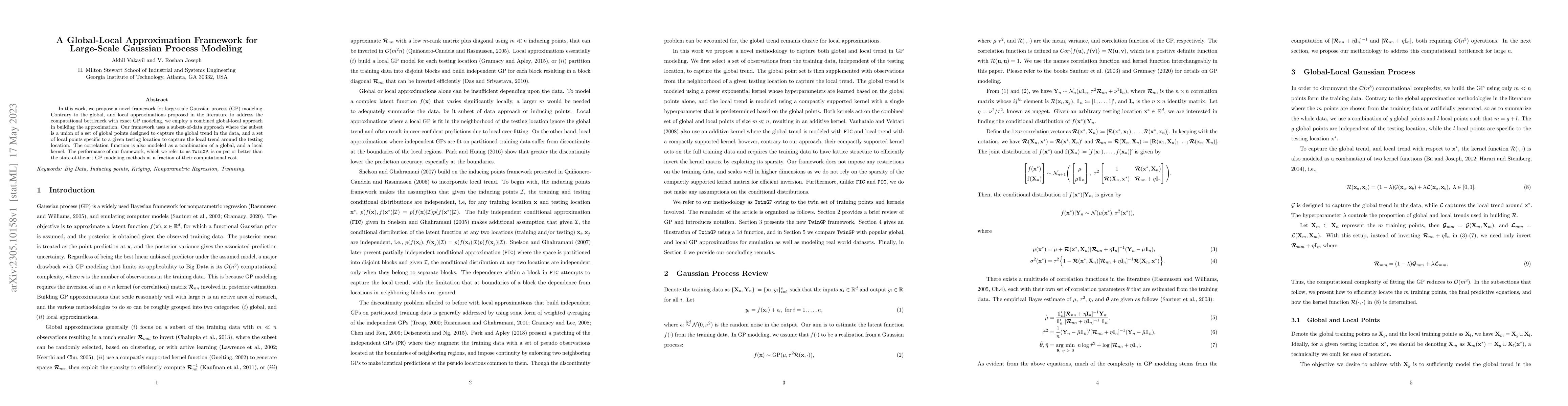 Thumbnail for A Global-Local Approximation Framework for Large-Scale Gaussian Process
  Modeling