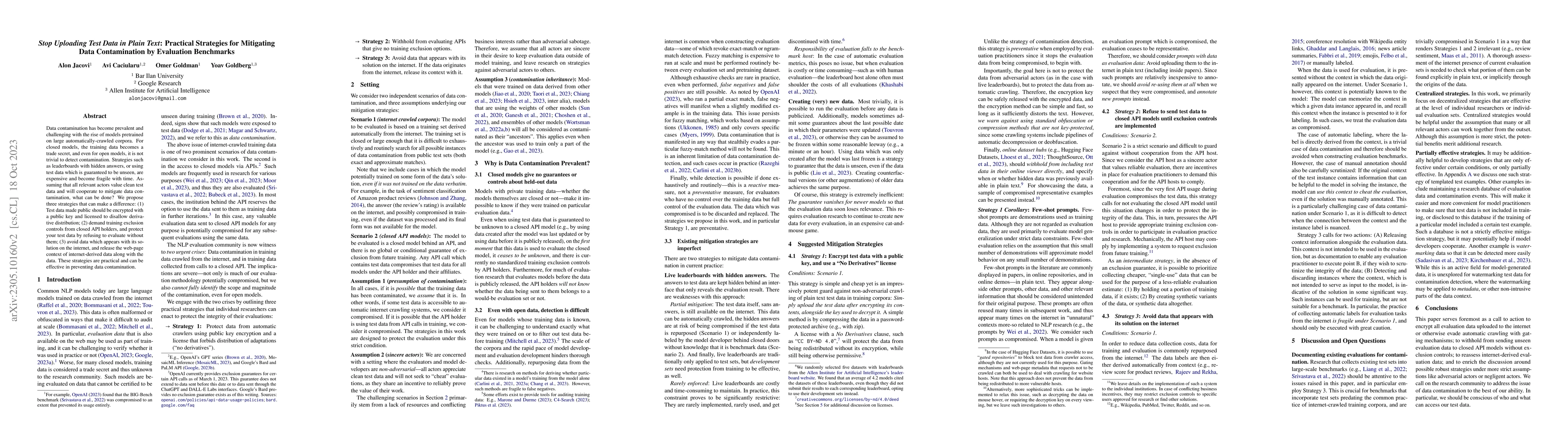 Thumbnail for Stop Uploading Test Data in Plain Text: Practical Strategies for
  Mitigating Data Contamination by Evaluation Benchmarks