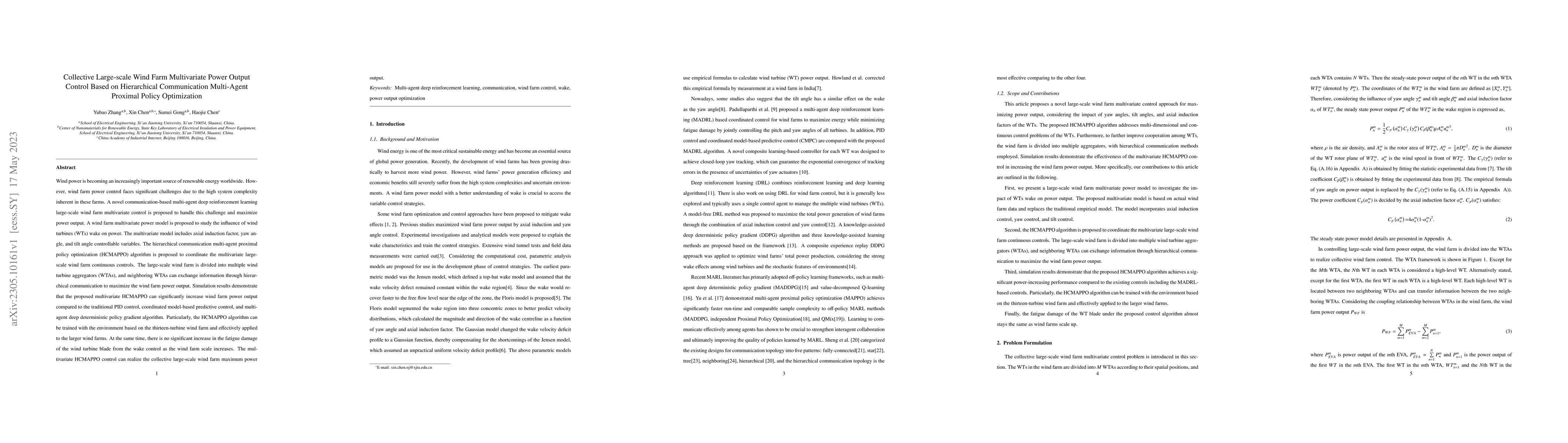 Thumbnail for Collective Large-scale Wind Farm Multivariate Power Output Control Based
  on Hierarchical Communication Multi-Agent Proximal Policy Optimization