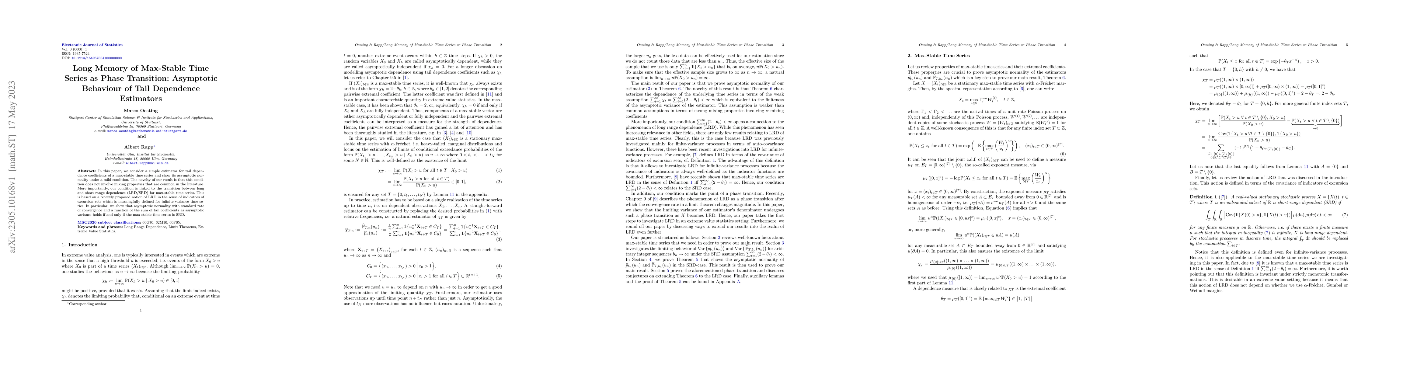 Thumbnail for Long Memory of Max-Stable Time Series as Phase Transition: Asymptotic
  Behaviour of Tail Dependence Estimators