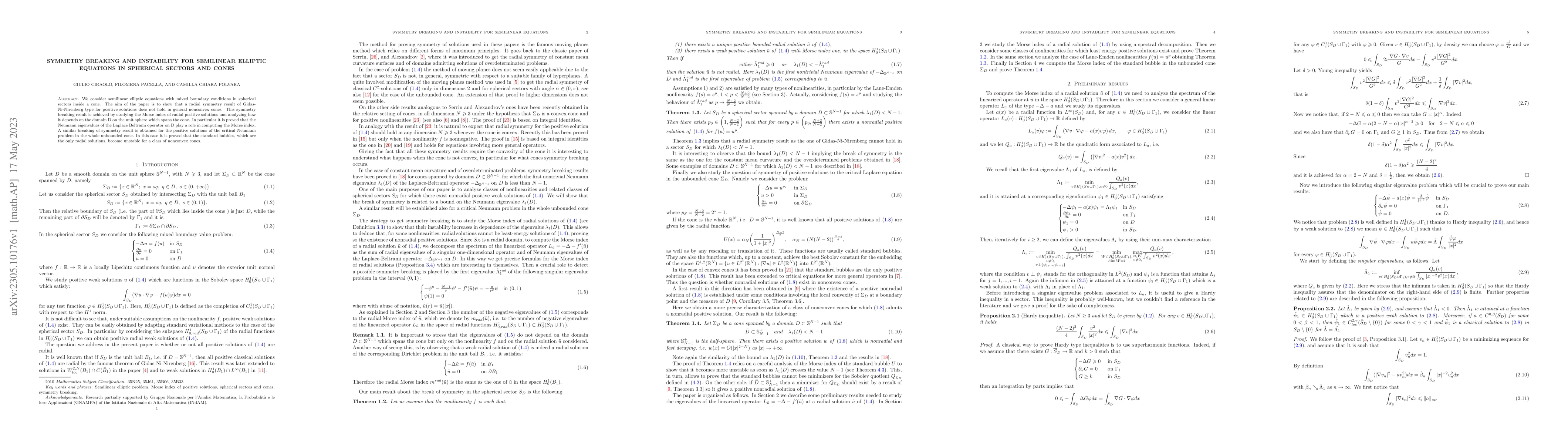 Thumbnail for Symmetry breaking and instability for semilinear elliptic equations in
  spherical sectors and cones