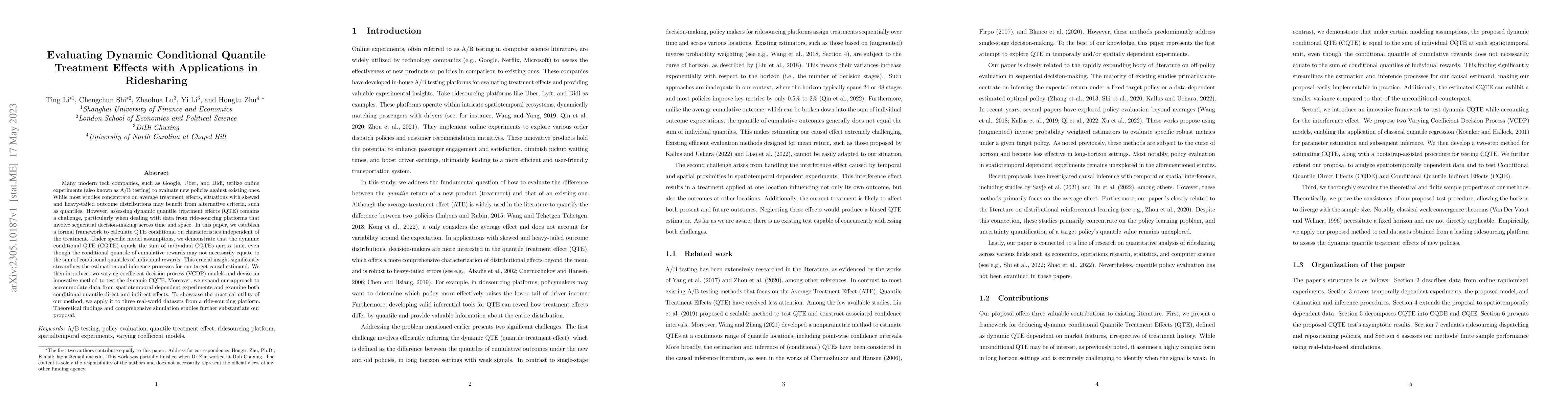 Thumbnail for Evaluating Dynamic Conditional Quantile Treatment Effects with
  Applications in Ridesharing