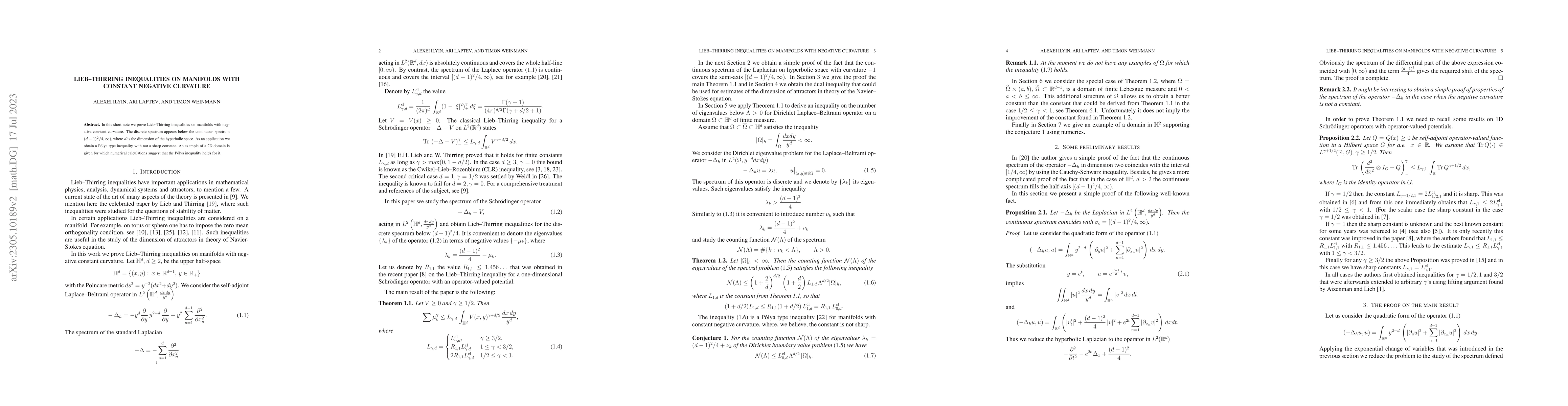 Thumbnail for Lieb--Thirring inequalities on manifolds with constant negative
  curvature