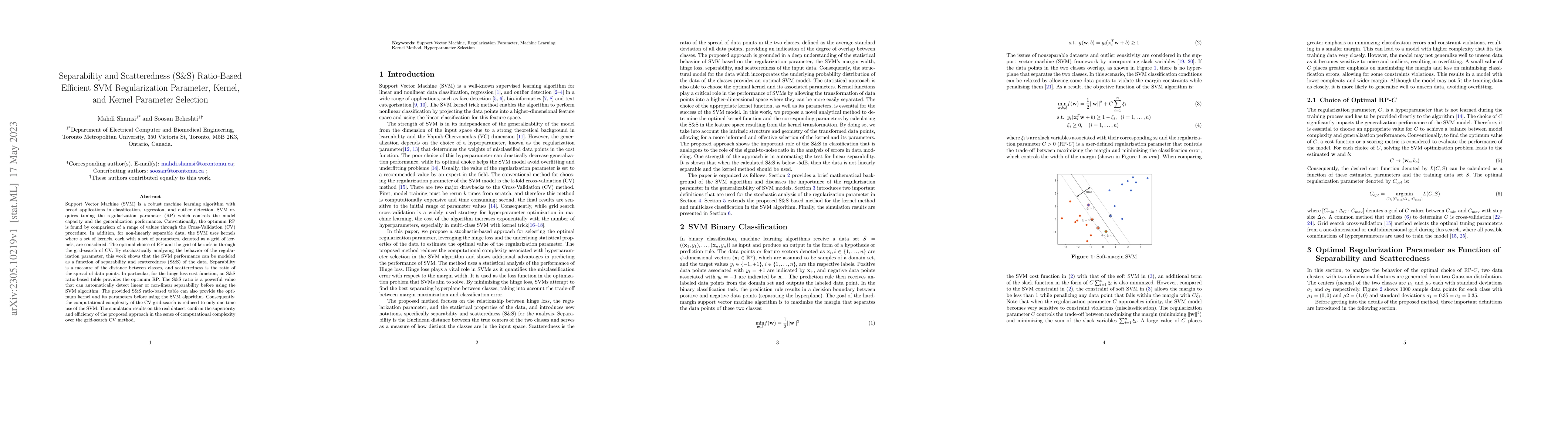 Thumbnail for Separability and Scatteredness (S&S) Ratio-Based Efficient SVM
  Regularization Parameter, Kernel, and Kernel Parameter Selection