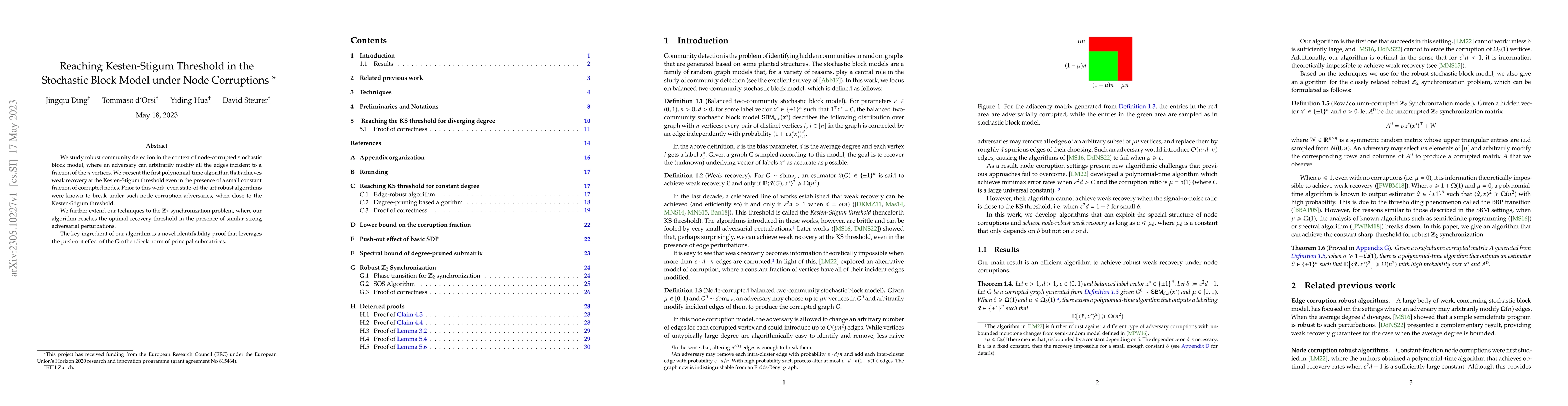 Thumbnail for Reaching Kesten-Stigum Threshold in the Stochastic Block Model under
  Node Corruptions