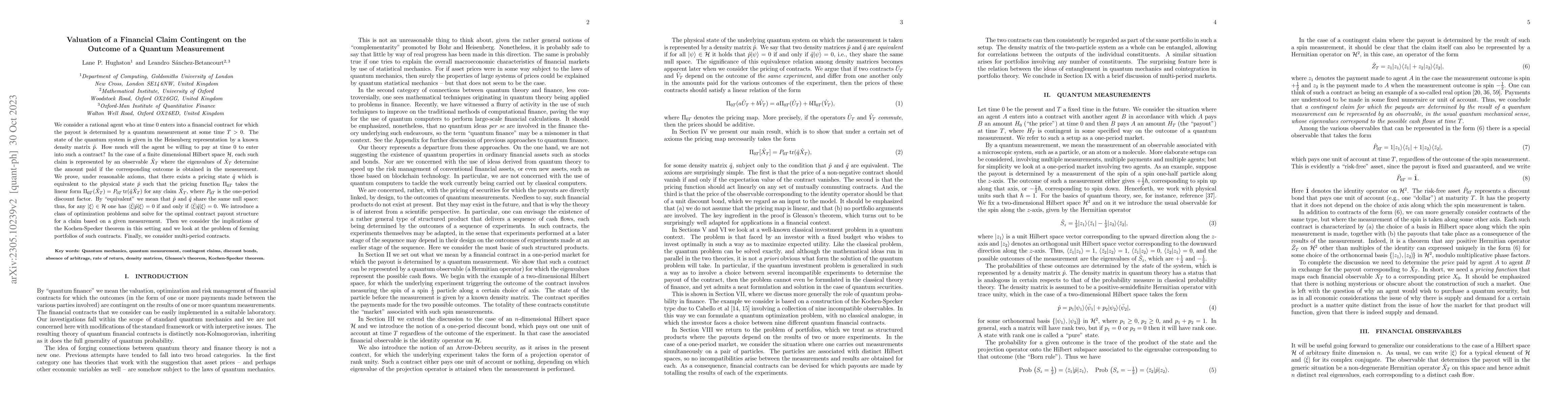 Thumbnail for Valuation of a Financial Claim Contingent on the Outcome of a Quantum
  Measurement