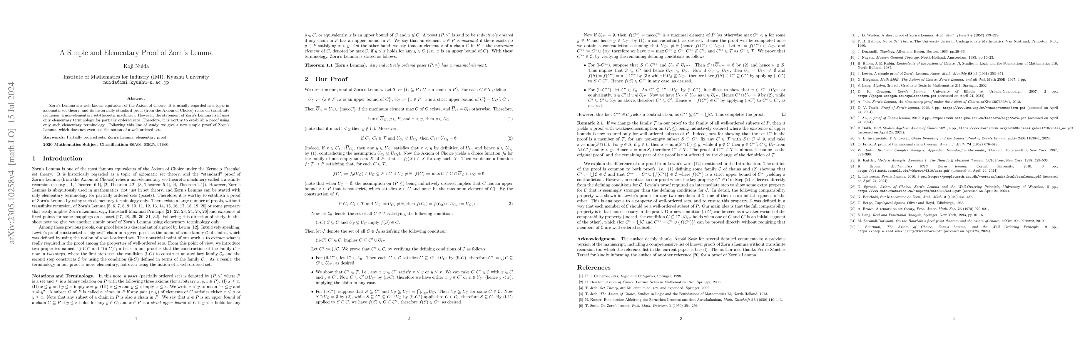 Thumbnail for A Simple and Elementary Proof of Zorn's Lemma