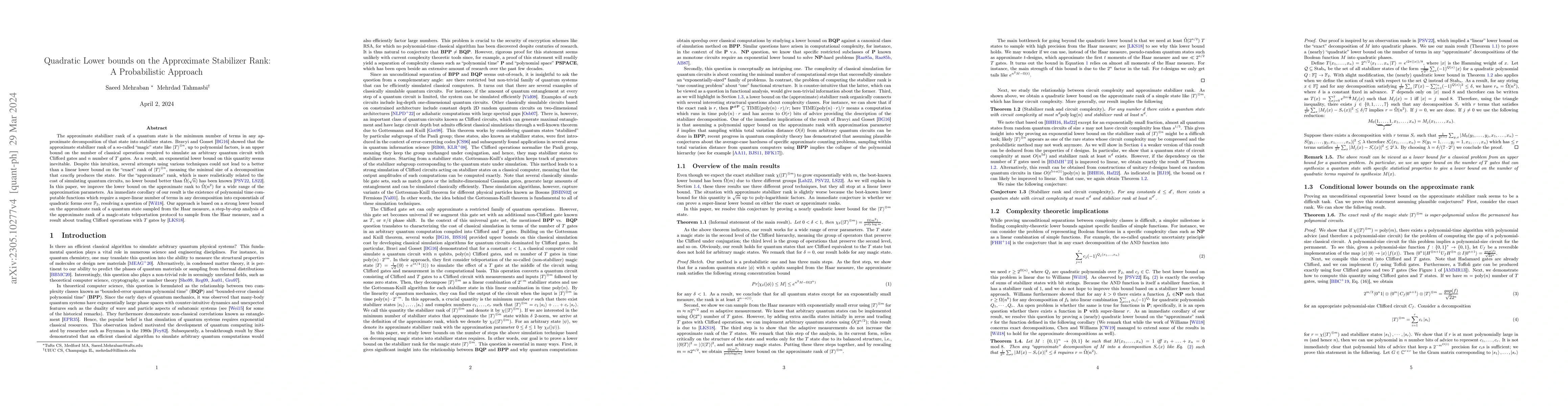 Thumbnail for Quadratic Lower bounds on the Approximate Stabilizer Rank: A
  Probabilistic Approach