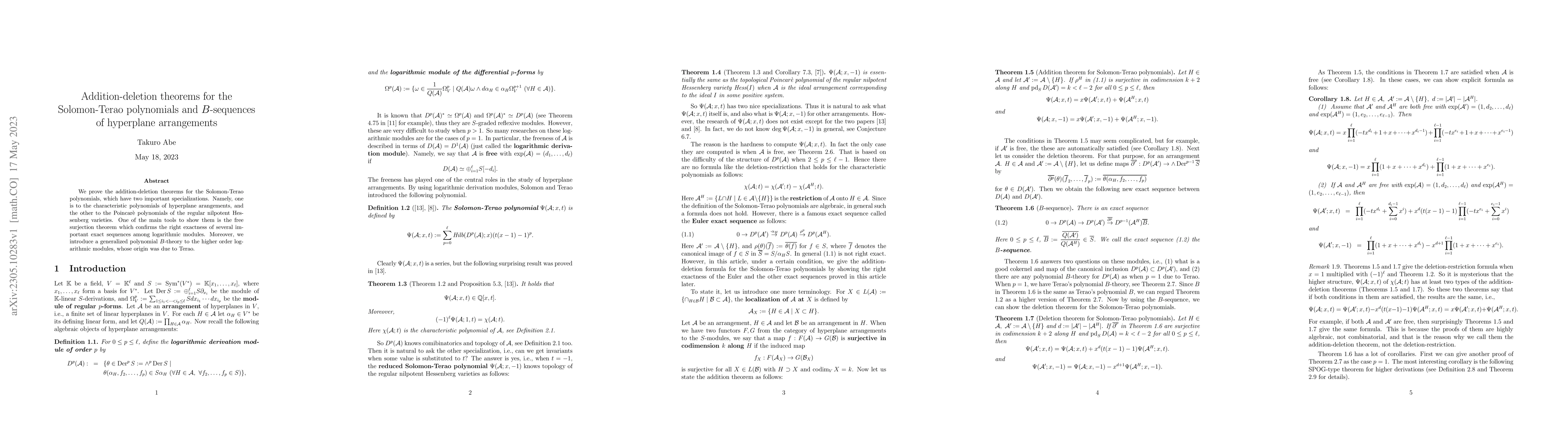 Thumbnail for Addition-deletion theorems for the Solomon-Terao polynomials and
  $B$-sequences of hyperplane arrangements