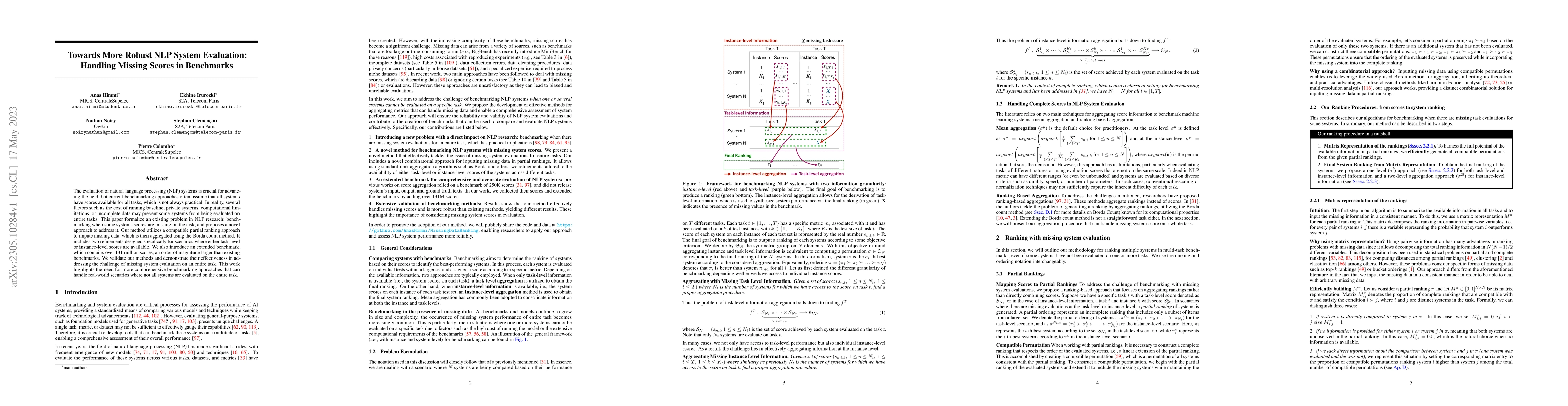 Thumbnail for Towards More Robust NLP System Evaluation: Handling Missing Scores in
  Benchmarks