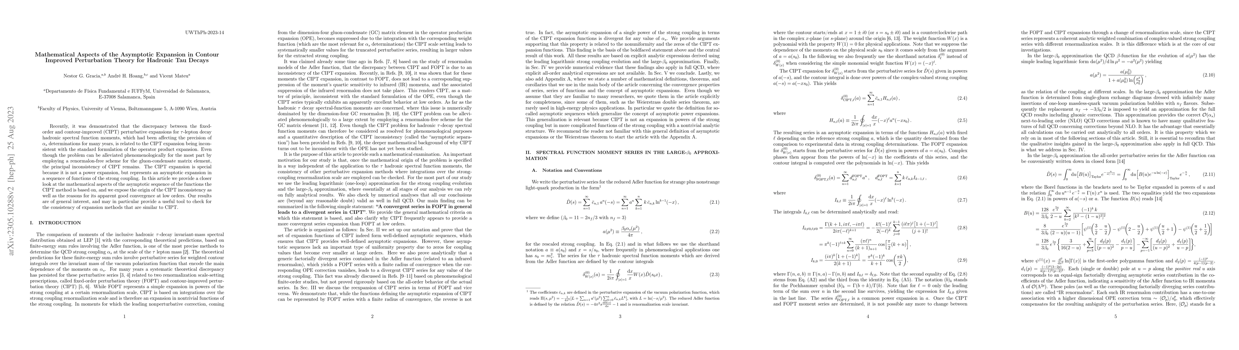 Thumbnail for Mathematical Aspects of the Asymptotic Expansion in Contour Improved
  Perturbation Theory for Hadronic Tau Decays