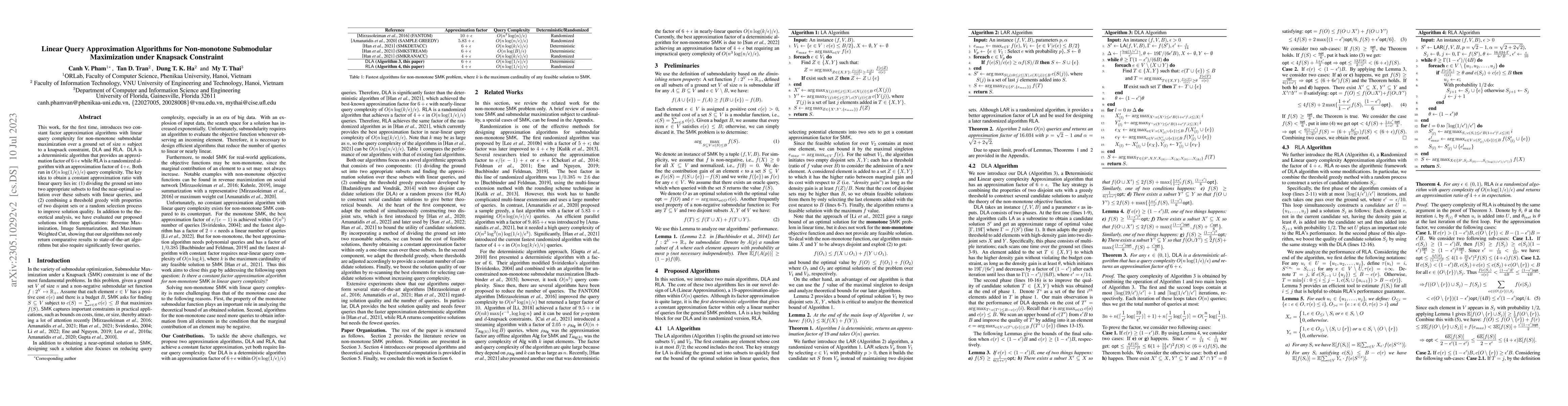 Thumbnail for Linear Query Approximation Algorithms for Non-monotone Submodular
  Maximization under Knapsack Constraint