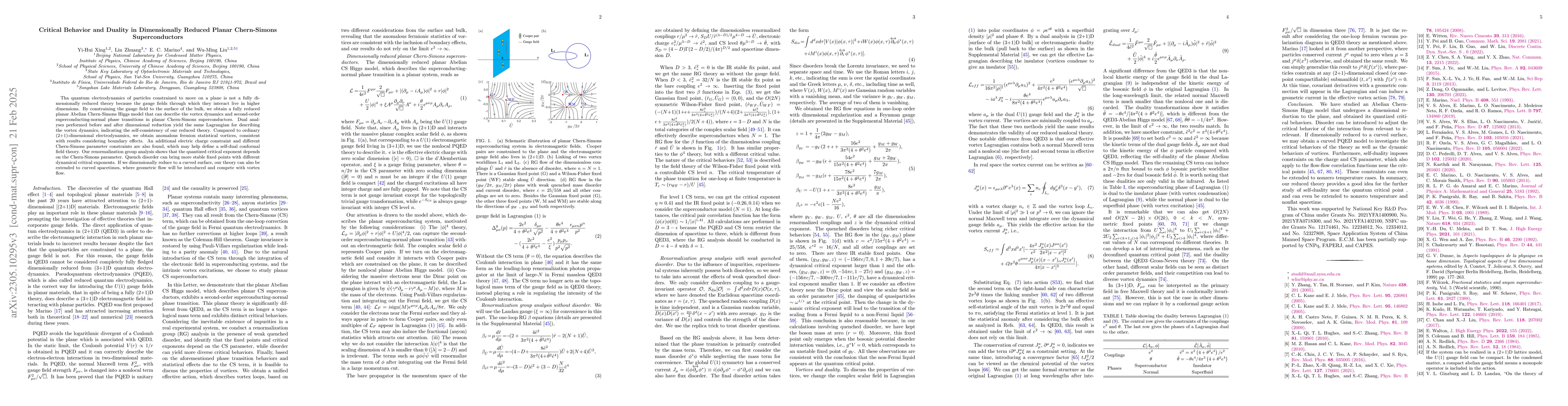 Thumbnail for Critical Behavior and Duality in Dimensionally Reduced Planar
  Chern-Simons Superconductors
