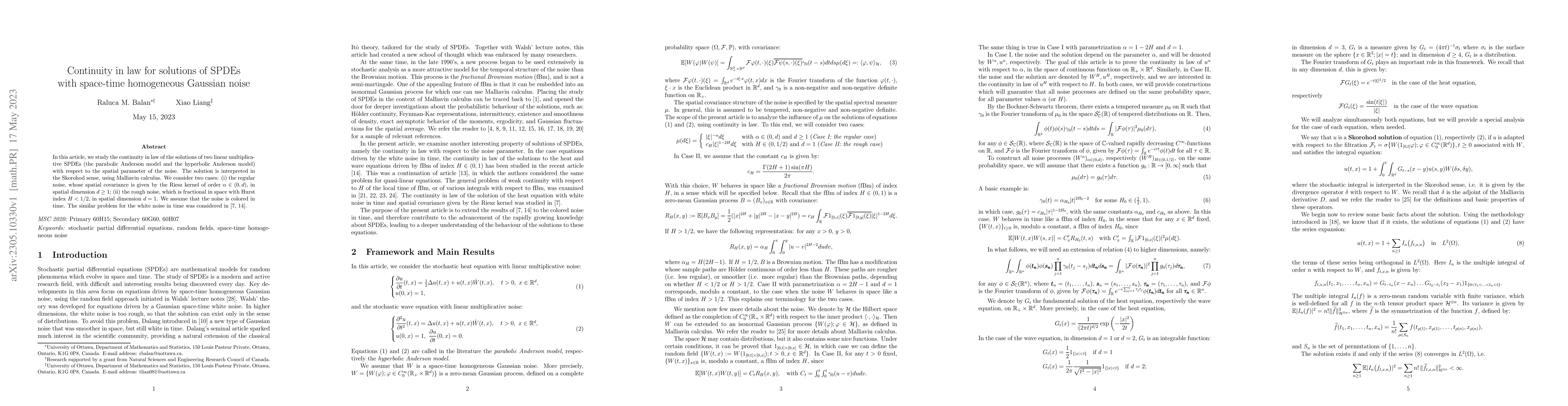Thumbnail for Continuity in law for solutions of SPDEs with space-time homogeneous
  Gaussian noise