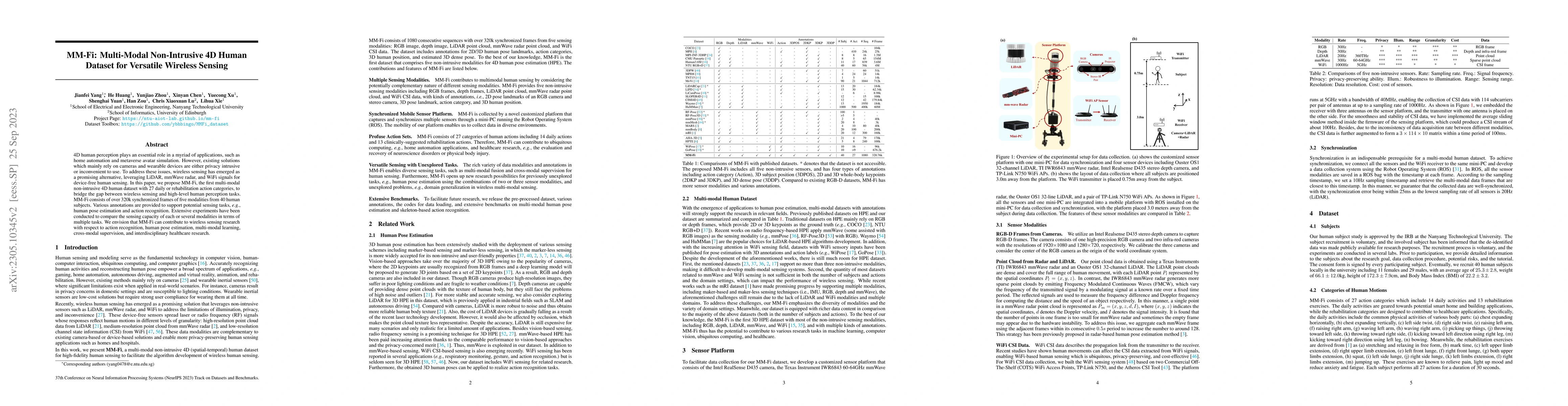 Thumbnail for MM-Fi: Multi-Modal Non-Intrusive 4D Human Dataset for Versatile Wireless
  Sensing