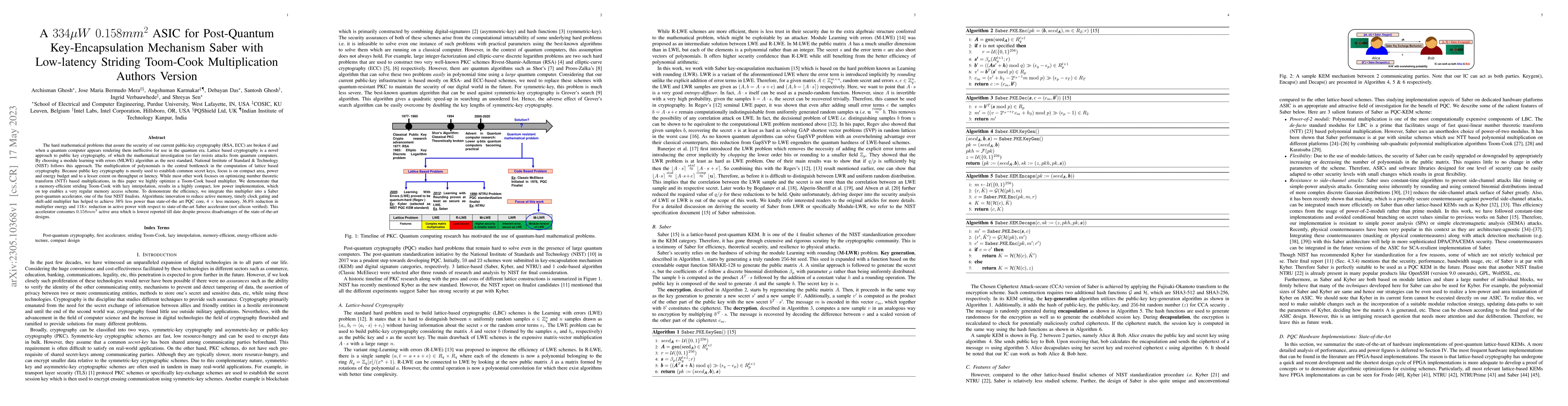 Thumbnail for A 334$\mu$W 0.158mm$^2$ ASIC for Post-Quantum Key-Encapsulation
  Mechanism Saber with Low-latency Striding Toom-Cook Multiplication Authors
  Version