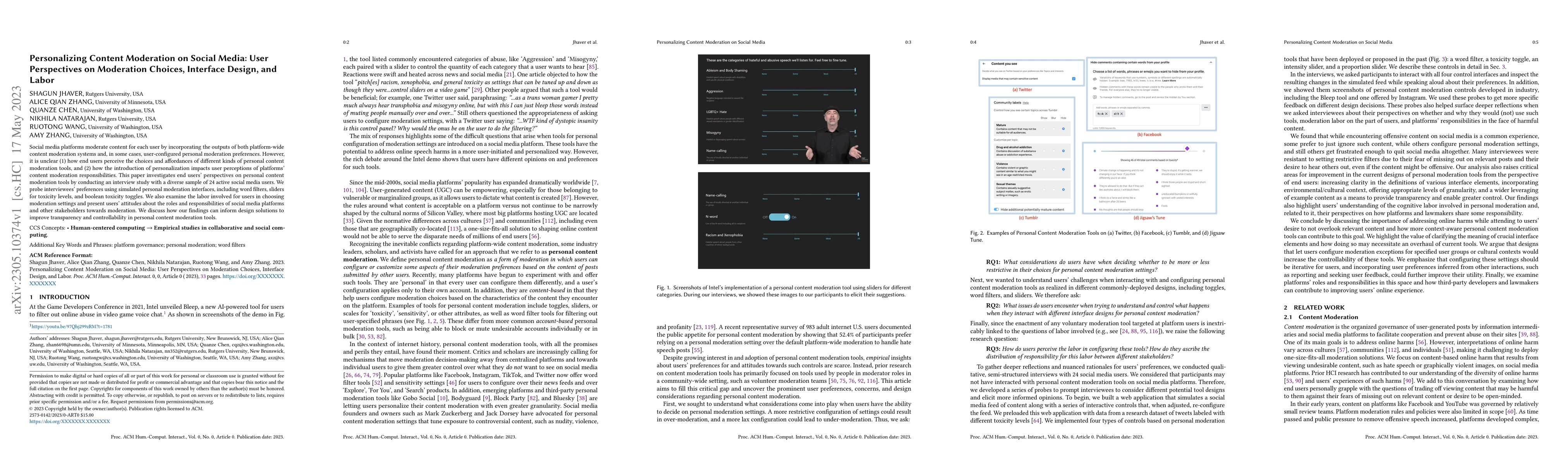Thumbnail for Personalizing Content Moderation on Social Media: User Perspectives on
  Moderation Choices, Interface Design, and Labor