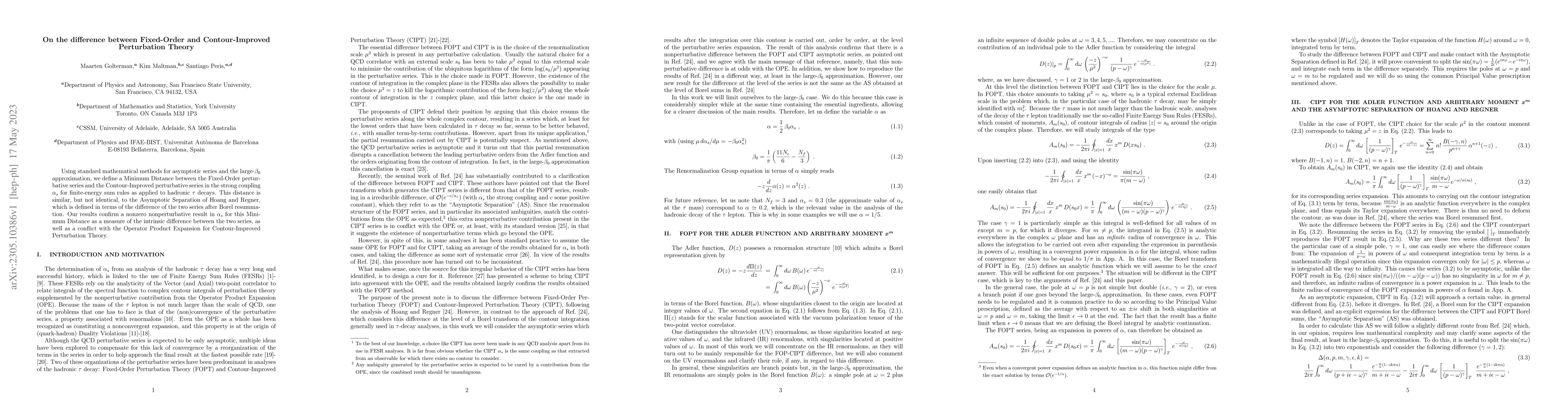 Thumbnail for On the difference between Fixed-Order and Contour-Improved Perturbation
  Theory