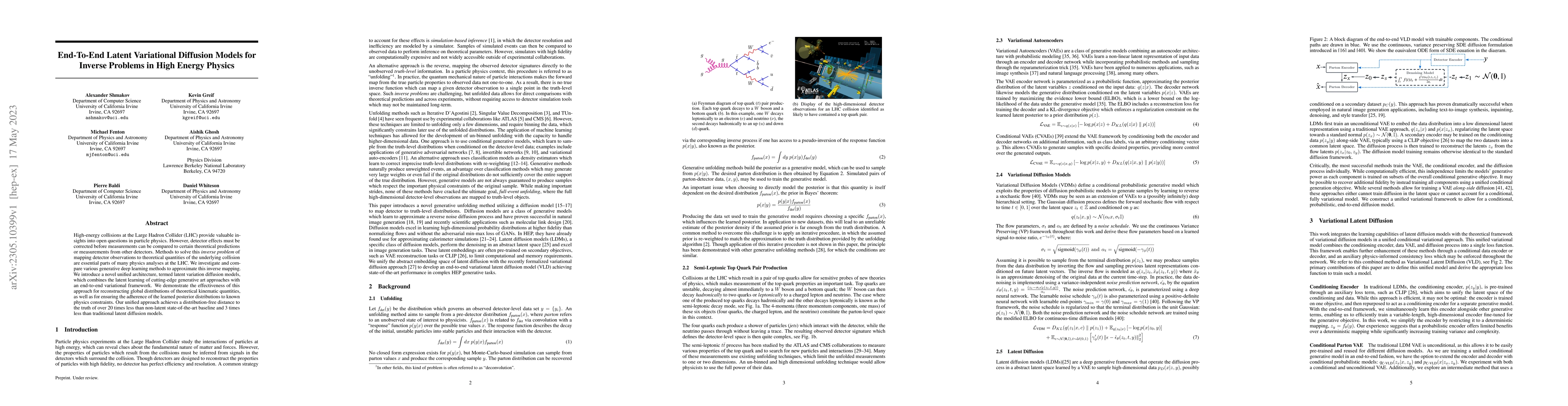 Thumbnail for End-To-End Latent Variational Diffusion Models for Inverse Problems in
  High Energy Physics
