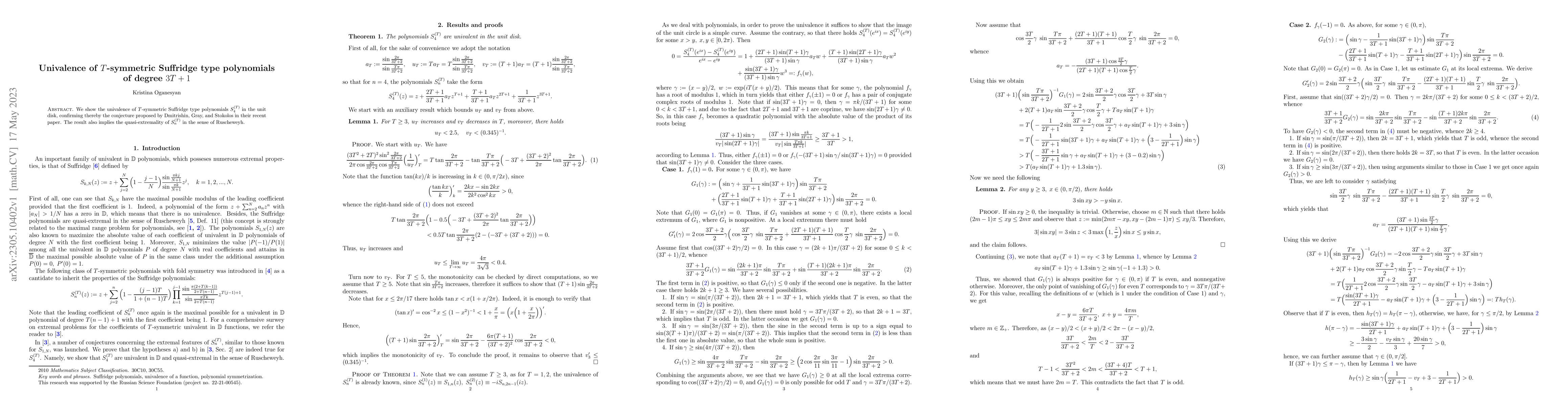 Thumbnail for Univalence of $T$-symmetric Suffridge type polynomials of degree $3T+1$