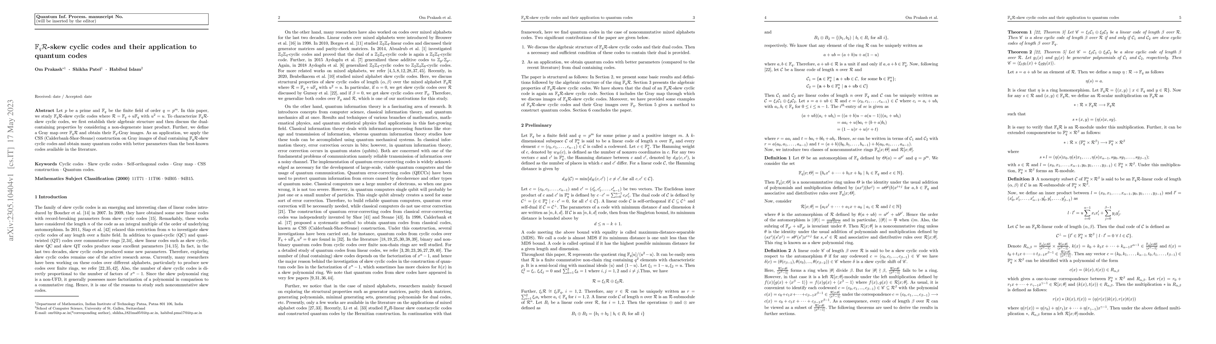 Thumbnail for $\mathbb{F}_q\mathcal{R}$-skew cyclic codes and their application to
  quantum codes