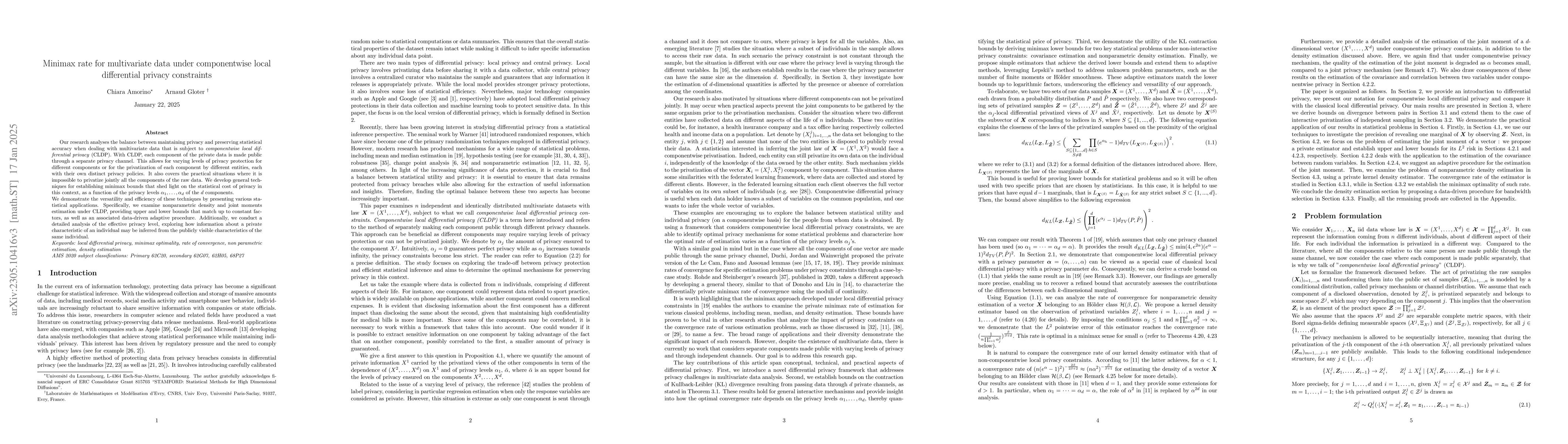 Thumbnail for Minimax rate for multivariate data under componentwise local
  differential privacy constraints