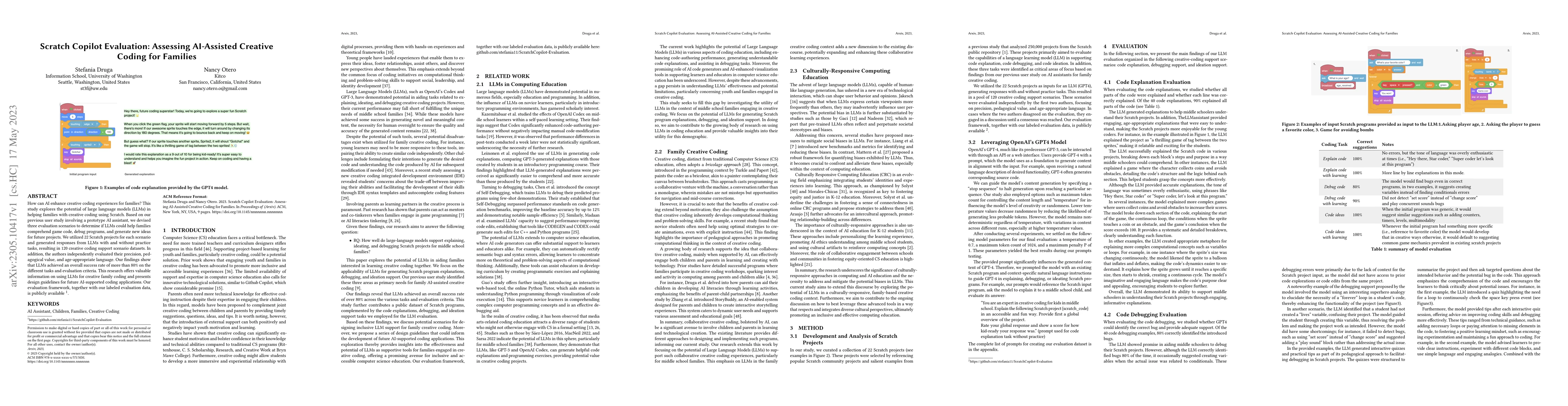 Thumbnail for Scratch Copilot Evaluation: Assessing AI-Assisted Creative Coding for
  Families