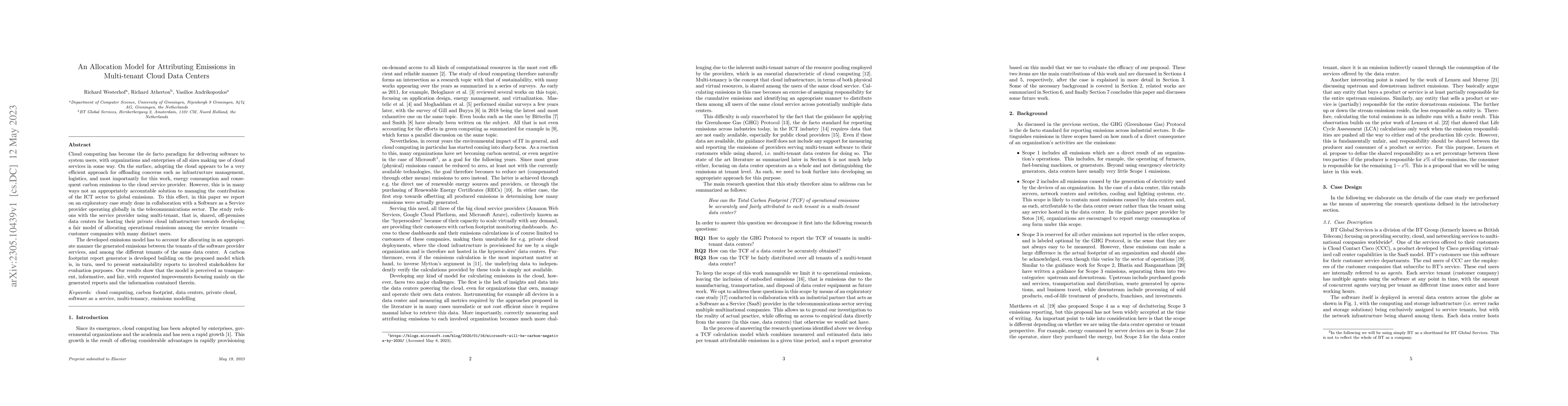 Thumbnail for An Allocation Model for Attributing Emissions in Multi-tenant Cloud Data
  Centers