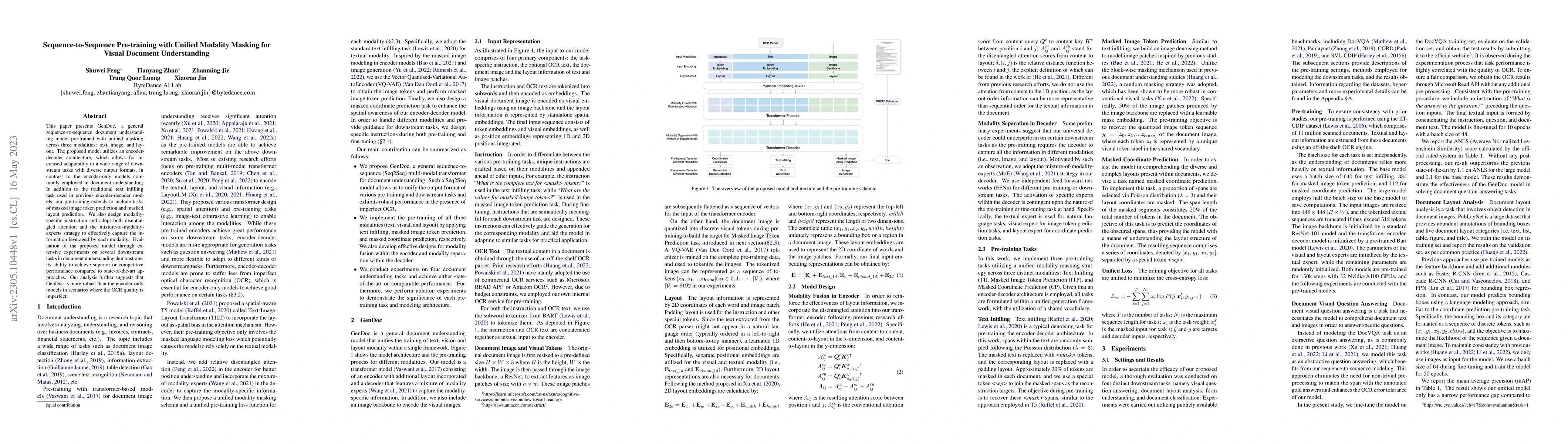 Thumbnail for Sequence-to-Sequence Pre-training with Unified Modality Masking for
  Visual Document Understanding