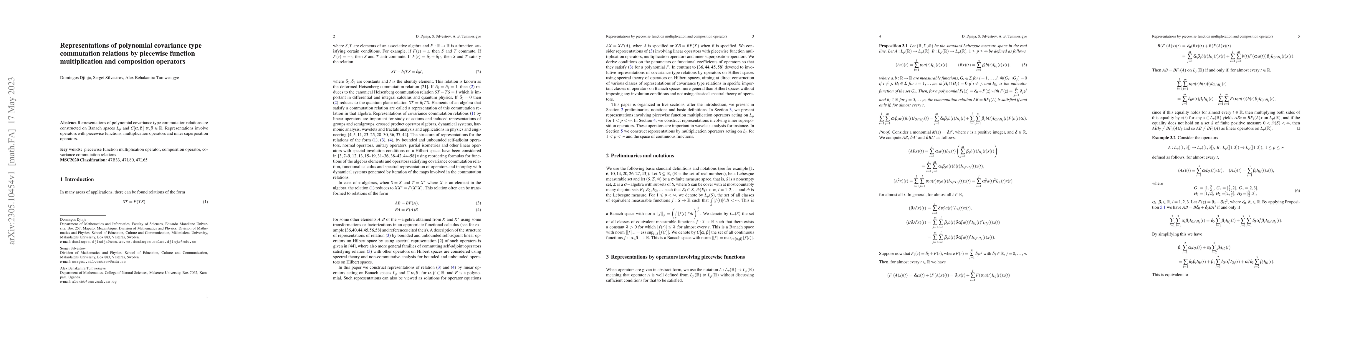 Thumbnail for Representations of polynomial covariance type commutation relations by
  piecewise function multiplication and composition operators