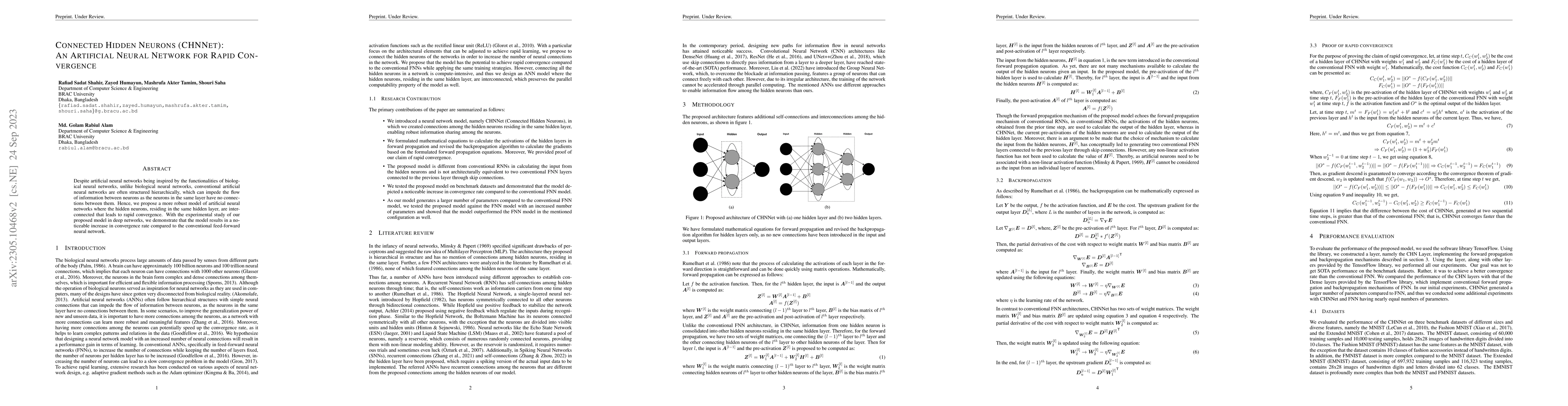 Thumbnail for Connected Hidden Neurons (CHNNet): An Artificial Neural Network for
  Rapid Convergence