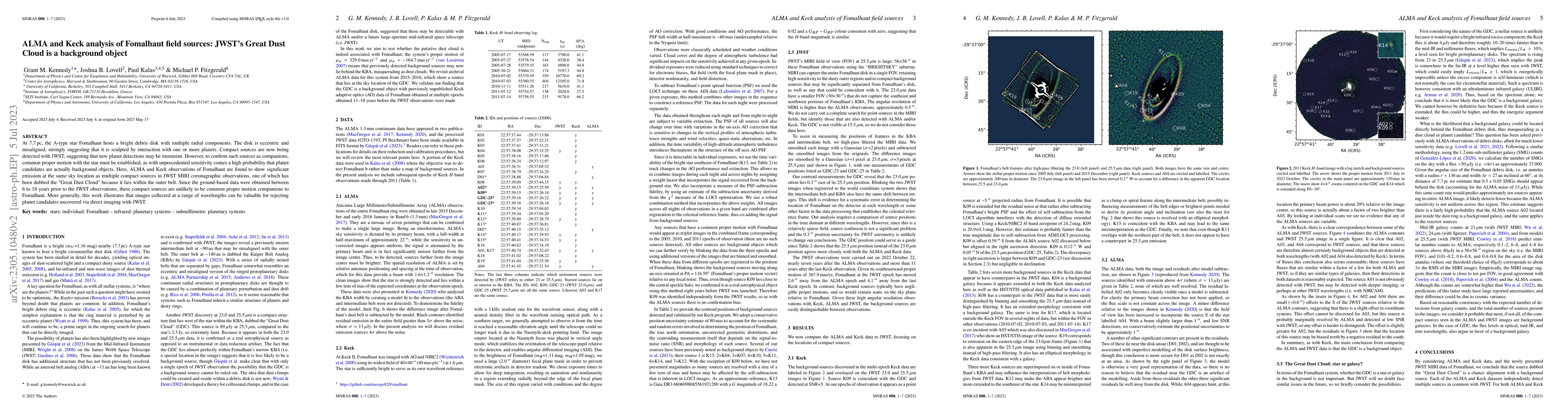Thumbnail for ALMA and Keck analysis of Fomalhaut field sources: JWST's Great Dust
  Cloud is a background object