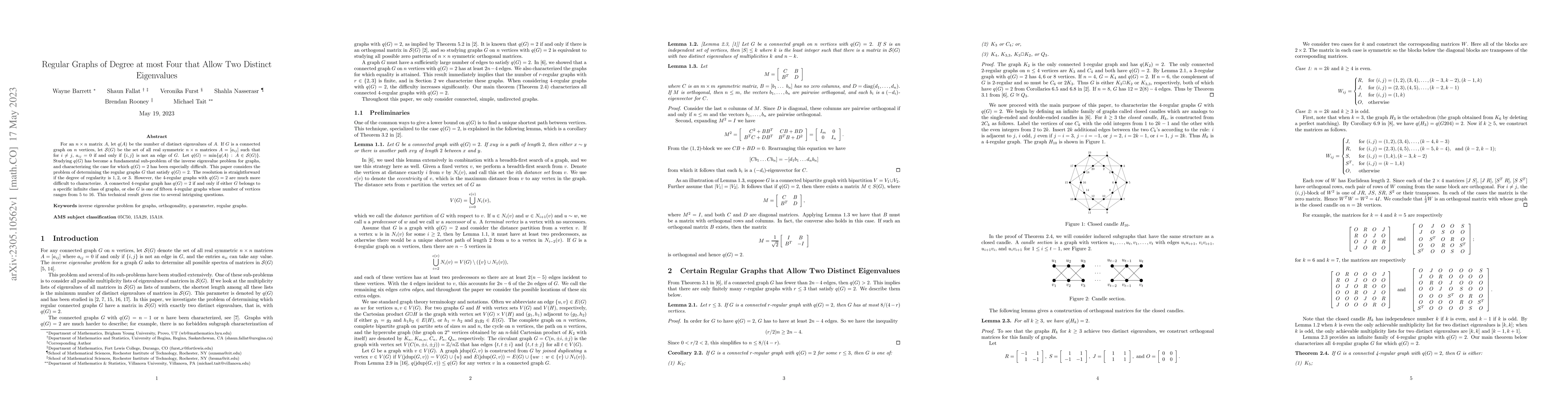 Thumbnail for Regular Graphs of Degree at most Four that Allow Two Distinct
  Eigenvalues