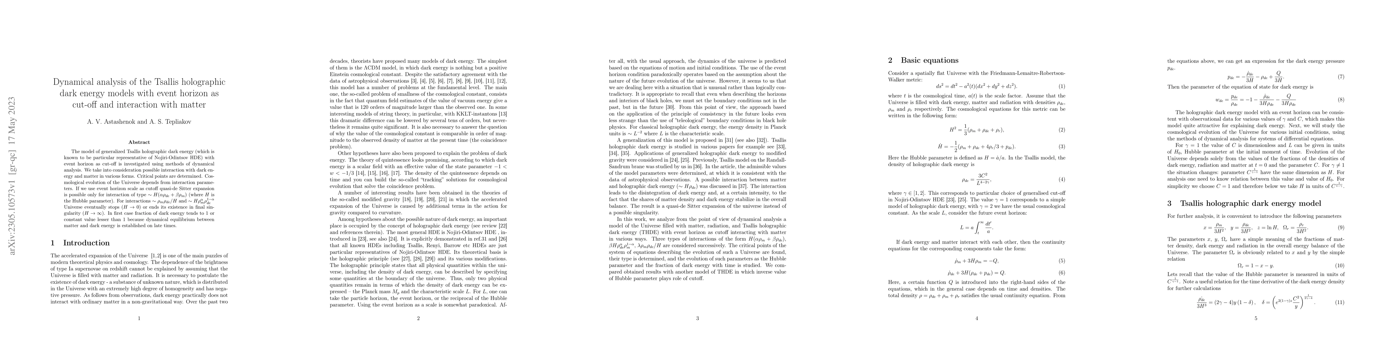 Thumbnail for Dynamical analysis of the Tsallis holographic dark energy models with
  event horizon as cut-off and interaction with matter