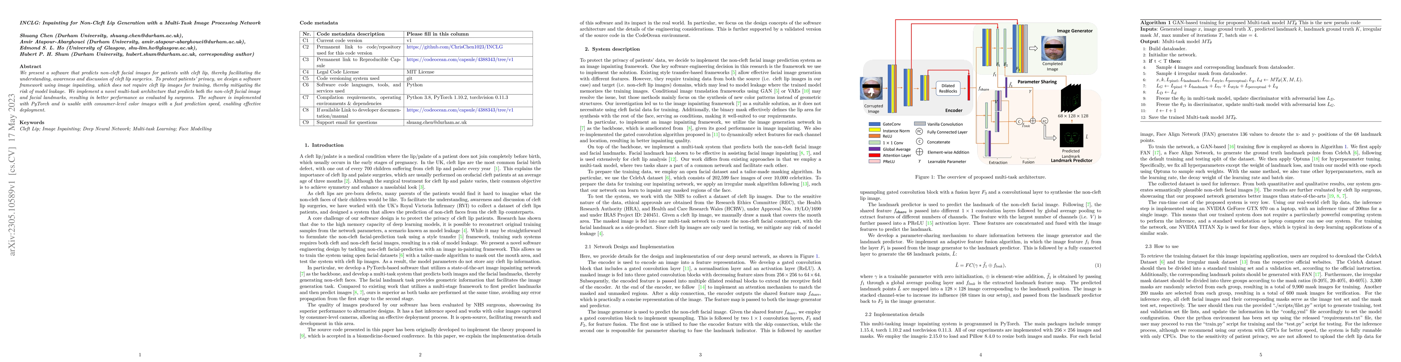 Thumbnail for INCLG: Inpainting for Non-Cleft Lip Generation with a Multi-Task Image
  Processing Network