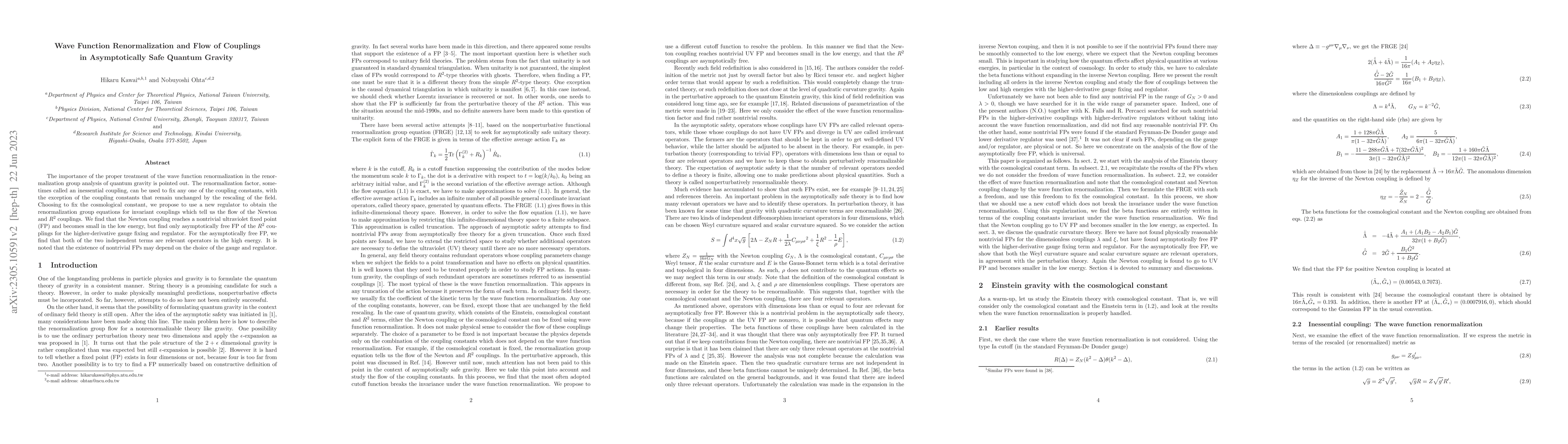 Thumbnail for Wave Function Renormalization and Flow of Couplings in Asymptotically
  Safe Quantum Gravity