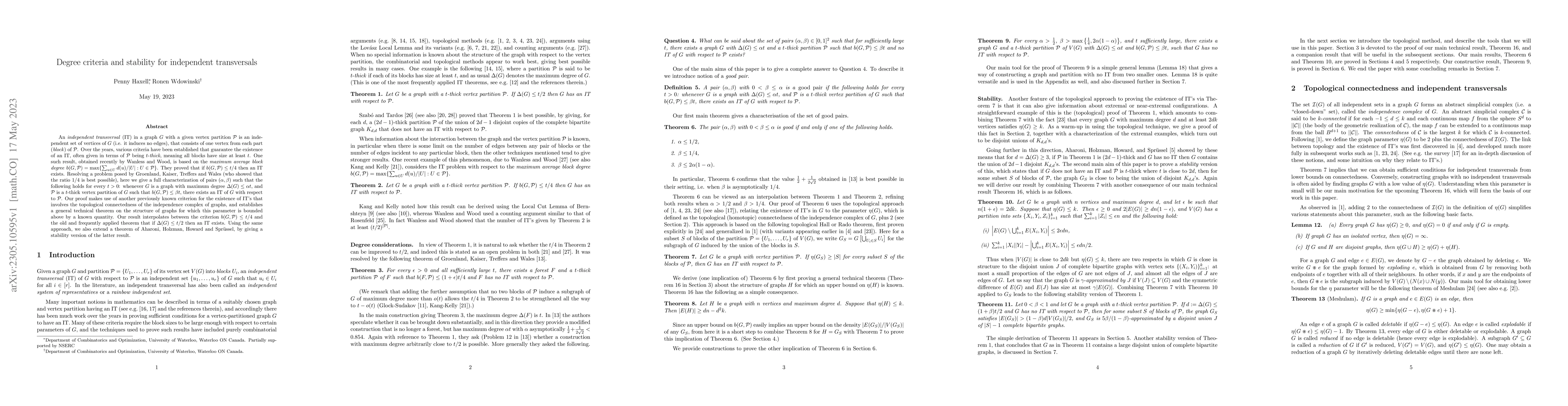 Thumbnail for Degree criteria and stability for independent transversals