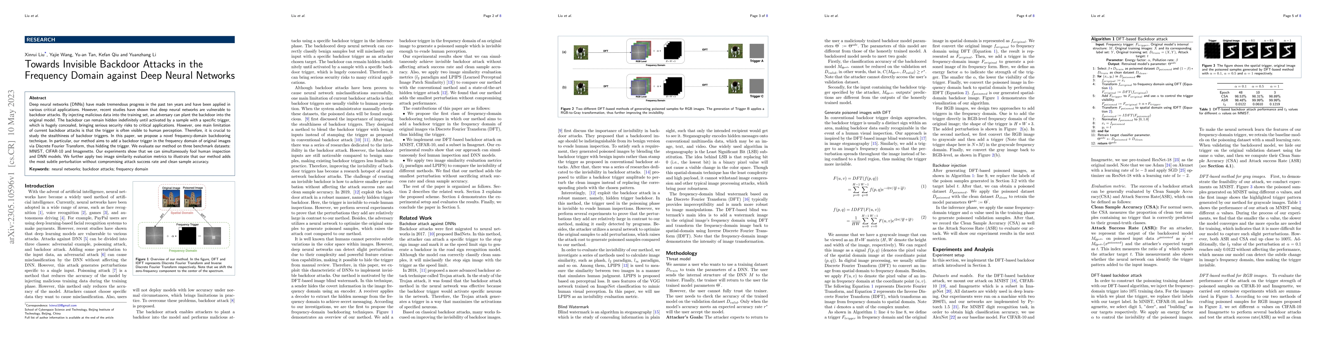 Thumbnail for Towards Invisible Backdoor Attacks in the Frequency Domain against Deep
  Neural Networks