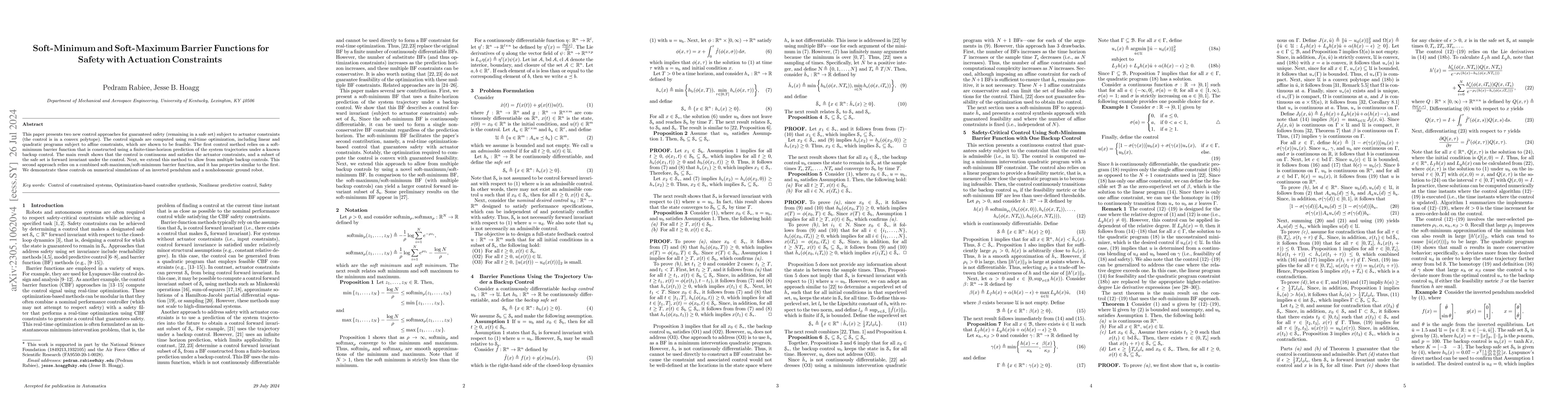 Thumbnail for Soft-Minimum and Soft-Maximum Barrier Functions for Safety with
  Actuation Constraints