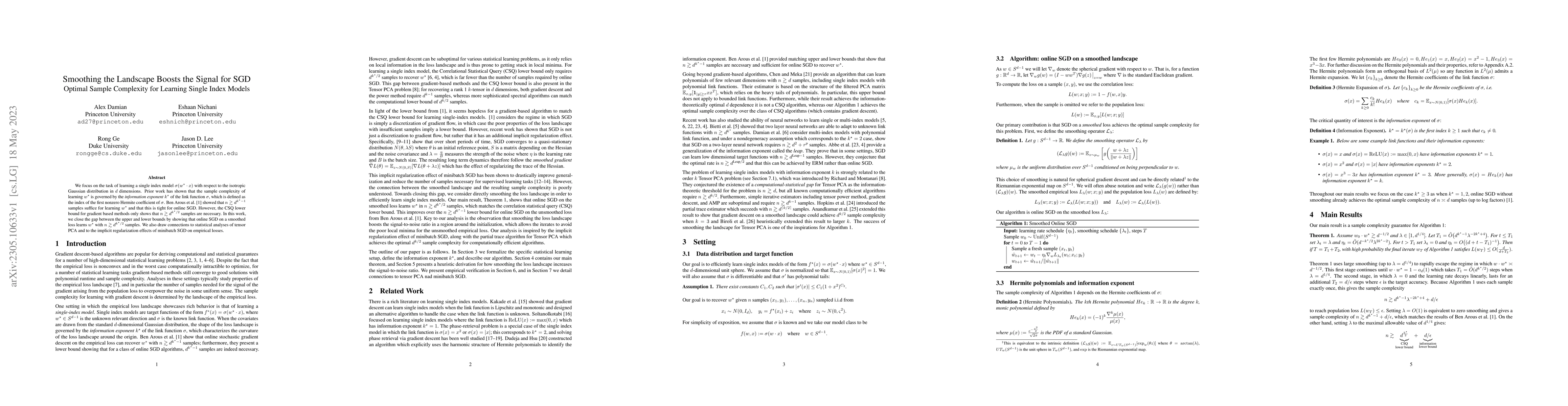 Thumbnail for Smoothing the Landscape Boosts the Signal for SGD: Optimal Sample
  Complexity for Learning Single Index Models